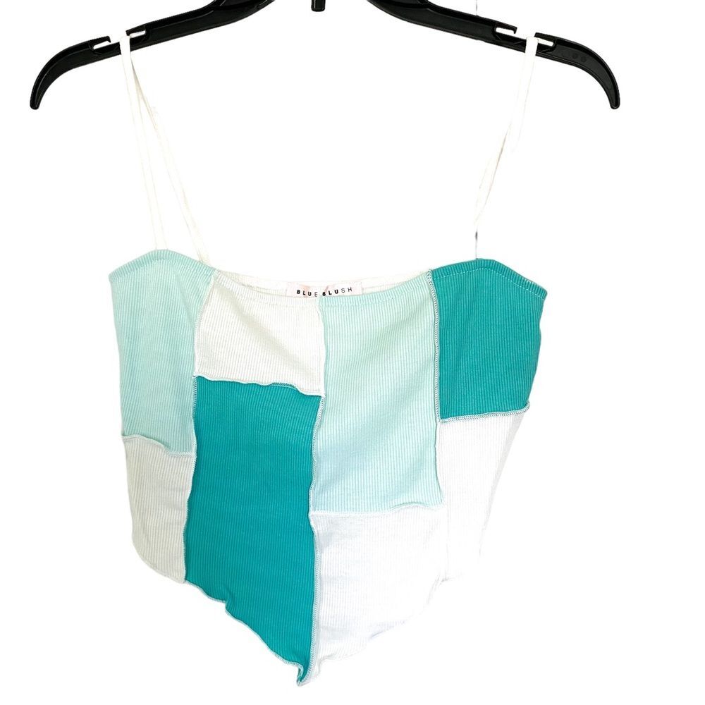 Blue Blush LA Handkerchief Blue White Patchwork Crop Sleeveless Tank Top Size XS